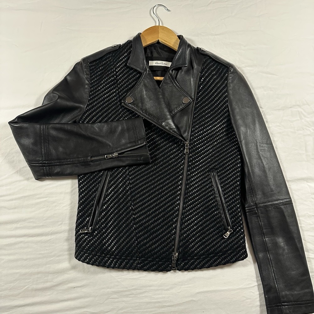 Robert Graham Black Lambskin Leather Wool Moto Biker Jacket Quilted Detailing XS